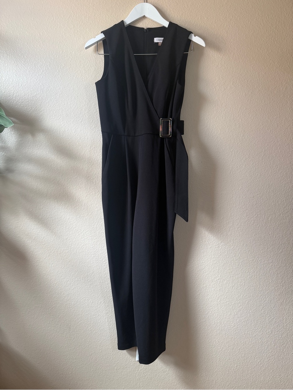 Calvin Klein Black Sleeveless Wrap Jumpsuit with Buckle Waist